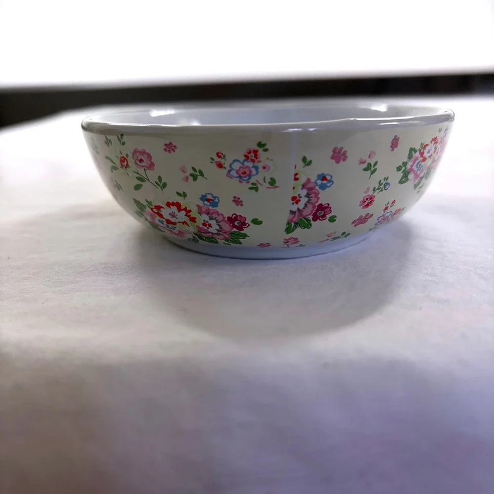 Floral Ceramic Pet Bowls Set of 2 Oval Shallow Cat Dog Dishes Cream Pink Blue